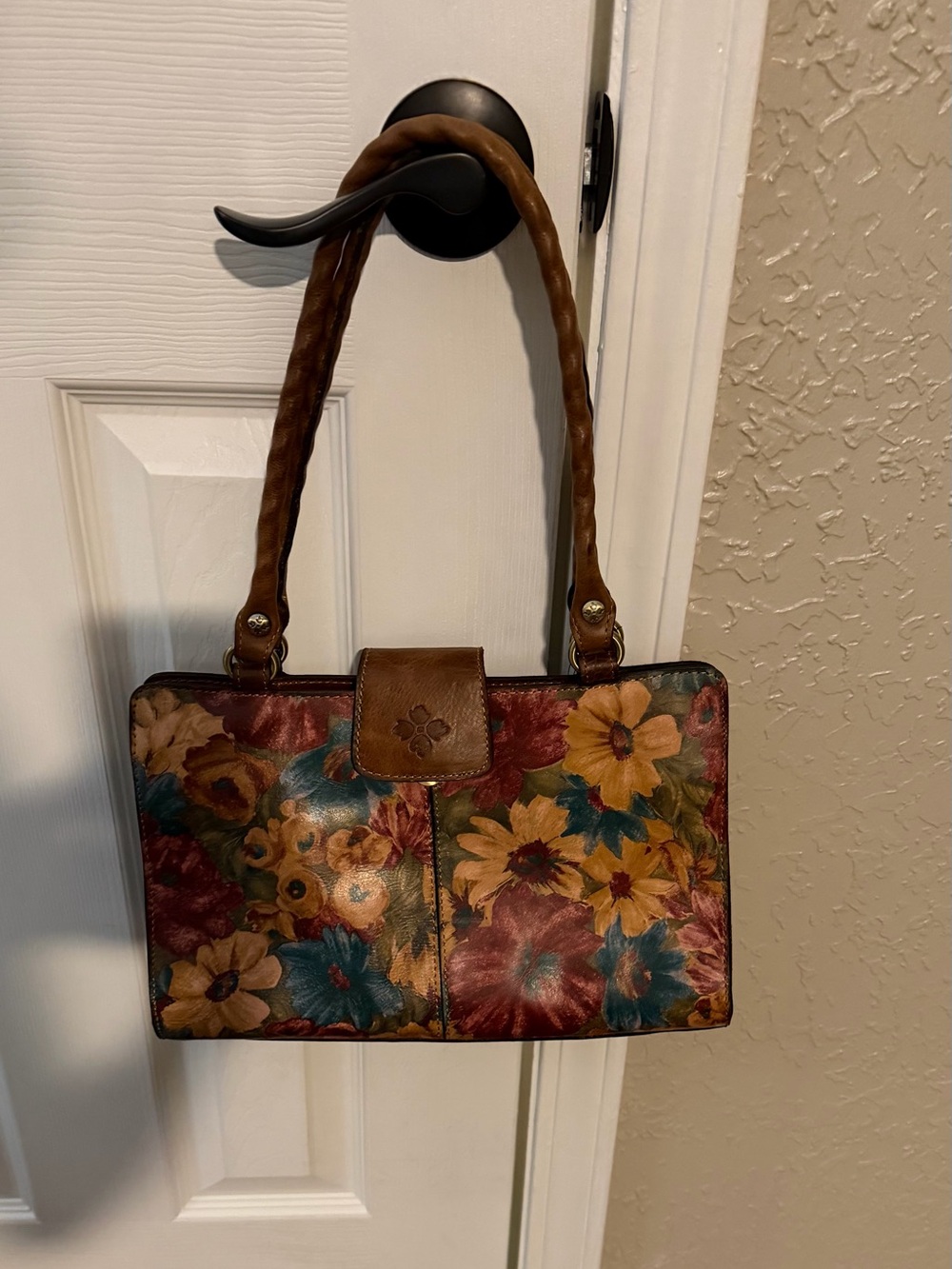 Patricia Nash Floral Leather-Trim Shoulder Bag in Brown, Teal, Burgundy, Mustard